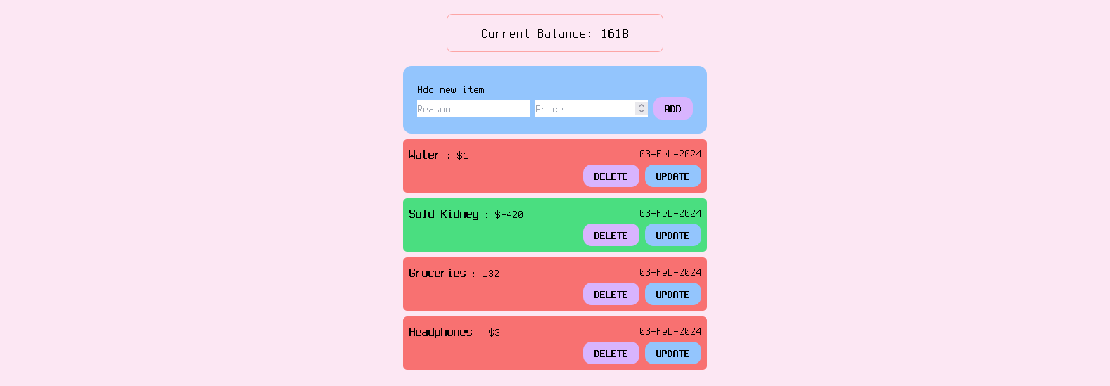 Spending Log Screenshot